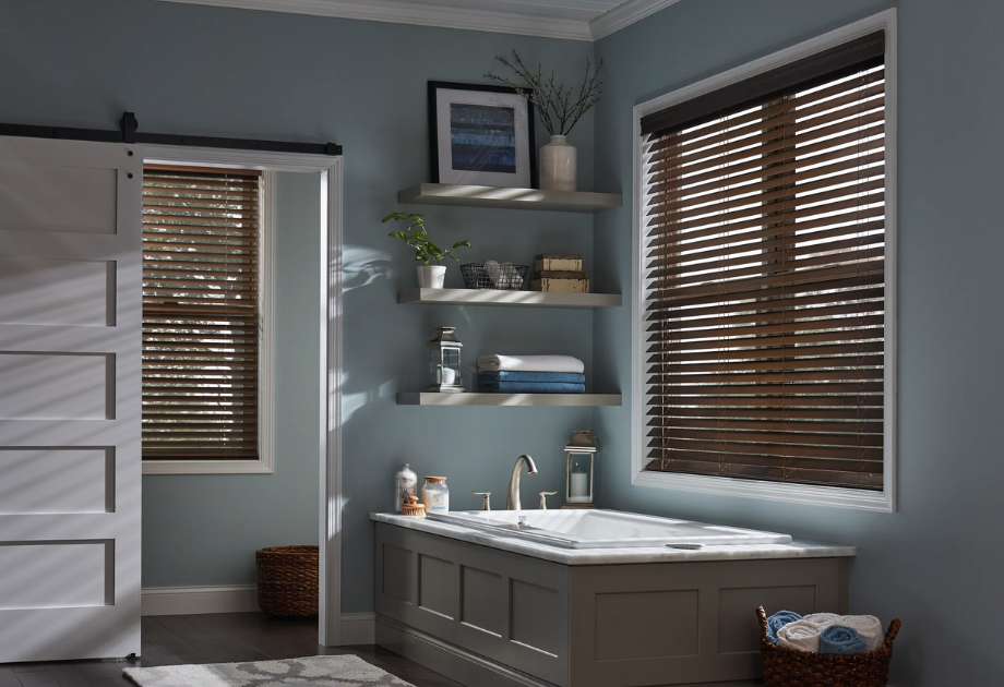 Wood blinds in a bathroom